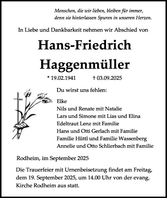 Traueranzeige von Hans-Friedrich Haggenmüller von Giessener Allgemeine, Alsfelder Allgemeine