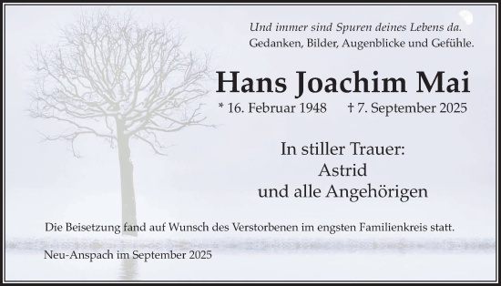 Traueranzeige von Hans Joachim Mai von Usinger Anzeigenblatt