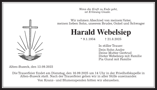 Traueranzeige von Harald Webelsiep von Giessener Allgemeine, Alsfelder Allgemeine