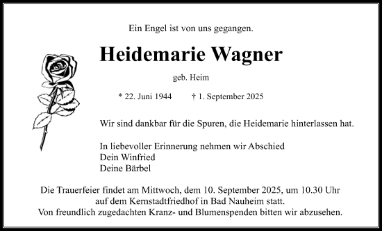 Traueranzeige von Heidemarie Wagner von Wetterauer Zeitung