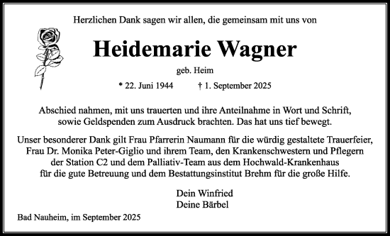 Traueranzeige von Heidemarie Wagner von Wetterauer Zeitung