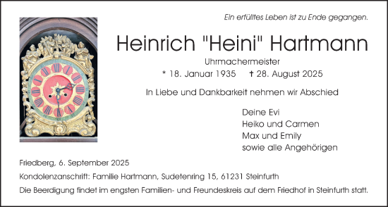 Traueranzeige von Heinrich Hartmann von Wetterauer Zeitung