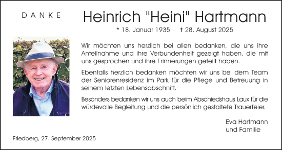 Traueranzeige von Heinrich Hartmann von Wetterauer Zeitung