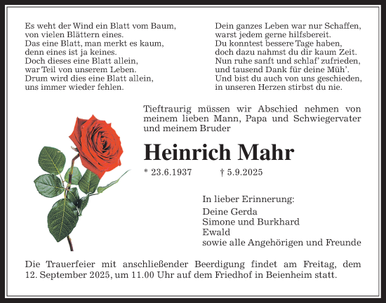 Traueranzeige von Heinrich Mahr von Wetterauer Zeitung