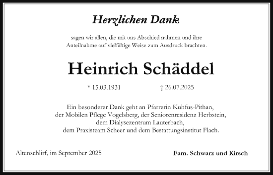 Traueranzeige von Heinrich Schäddel von Lauterbacher Anzeiger, 