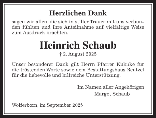 Traueranzeige von Heinrich Schaub von Kreis-Anzeiger