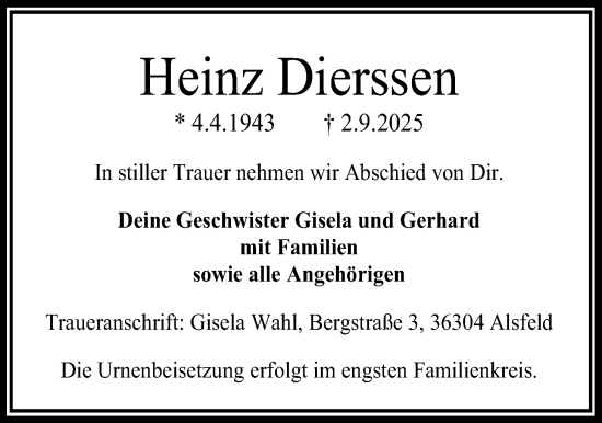Traueranzeige von Heinz Dierssen 