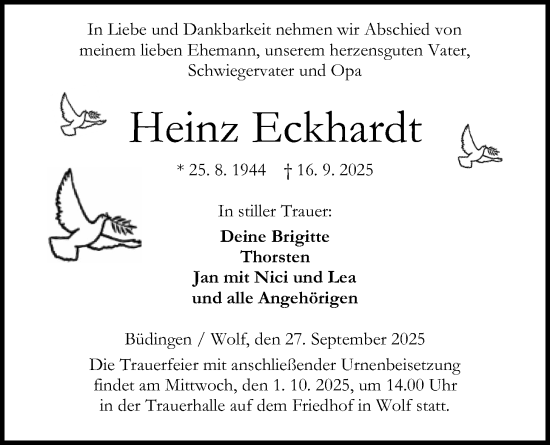 Traueranzeige von Heinz Eckhardt von Kreis-Anzeiger