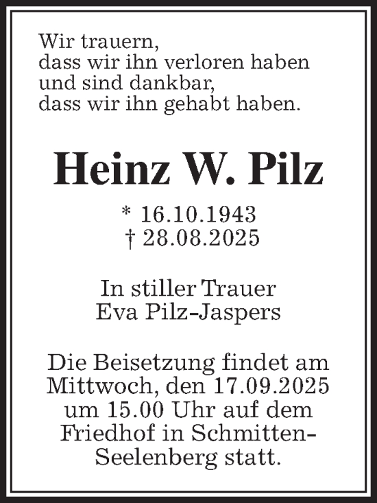 Traueranzeige von Heinz W. Pilz von Usinger Anzeiger