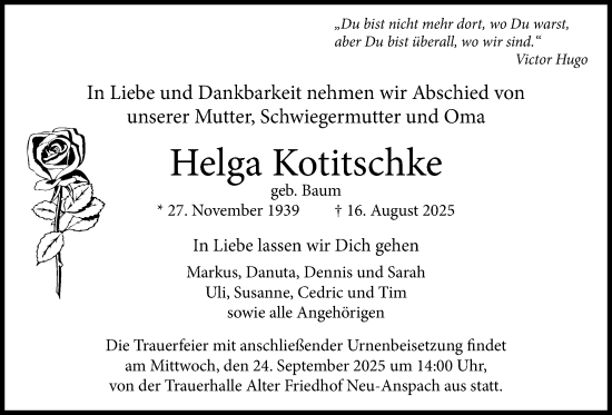 Traueranzeige von Helga Kotitschke von Usinger Anzeigenblatt