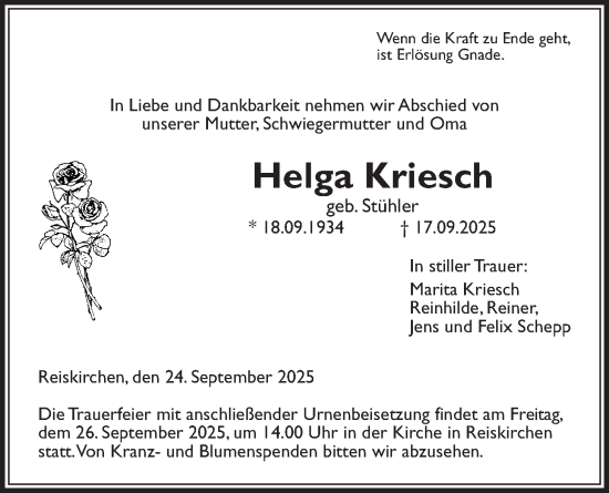 Traueranzeige von Helga Kriesch von Giessener Anzeiger