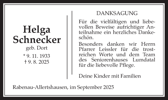 Traueranzeige von Helga Schnecker von Rabenauer Zeitung, Allendorfer Mitteilungen