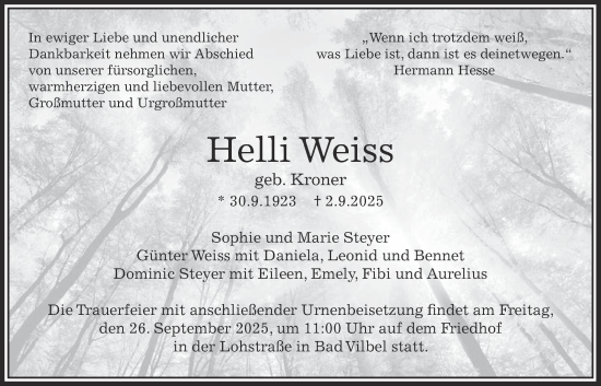 Traueranzeige von Helli Weiss von Bad Vilbel/Karben