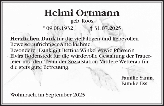 Traueranzeige von Helmi Ortmann von Wetterauer Zeitung