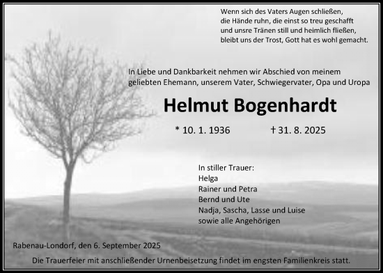 Traueranzeige von Helmut Bogenhardt von Giessener Allgemeine, Alsfelder Allgemeine