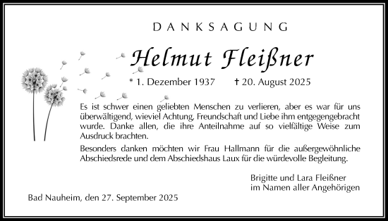 Traueranzeige von Helmut Fleißner von Wetterauer Zeitung