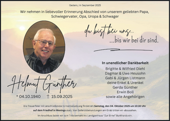Traueranzeige von Helmut Günther von Kreis-Anzeiger