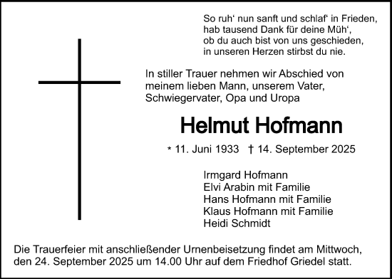 Traueranzeige von Helmut Hofmann von Butzbacher Zeitung