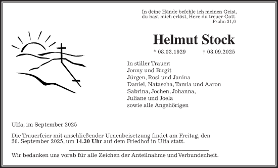 Traueranzeige von Helmut Stock von Kreis-Anzeiger