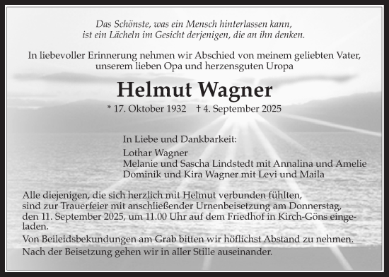 Traueranzeige von Helmut Wagner von Butzbacher Zeitung