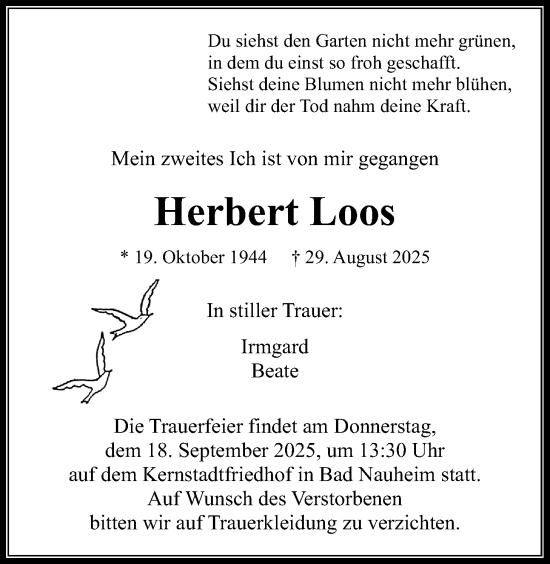 Traueranzeige von Herbert Loos von Wetterauer Zeitung
