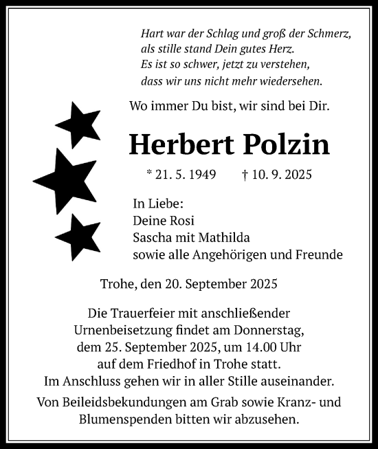 Traueranzeige von Herbert Polzin von Giessener Anzeiger, Giessener Allgemeine, Alsfelder Allgemeine