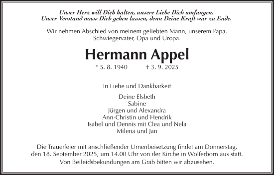 Traueranzeige von Hermann Appel von Kreis-Anzeiger