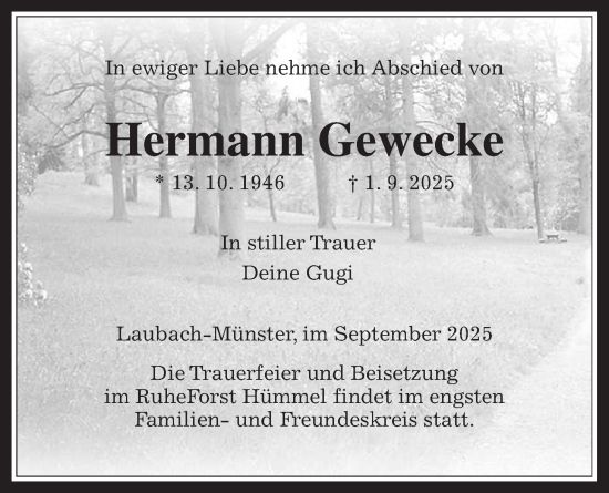 Traueranzeige von Hermann Gewecke von Laubacher Anzeiger, Heimatzeitung Grünberg + Laubach