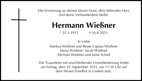 Traueranzeige von Hermann Wießner von Giessener Anzeiger, Giessener Allgemeine, Alsfelder Allgemeine