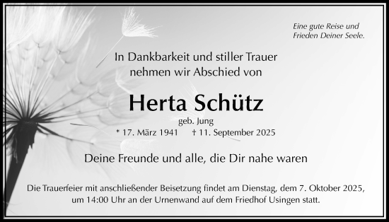 Traueranzeige von Herta Schütz von Usinger Anzeigenblatt