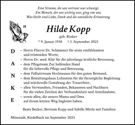 Traueranzeige von Hilde Kopp von Usinger Anzeiger