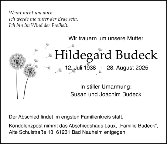 Traueranzeige von Hildegard Budeck von Wetterauer Zeitung
