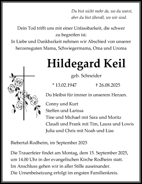 Traueranzeige von Hildegard Keil von Giessener Allgemeine, Alsfelder Allgemeine
