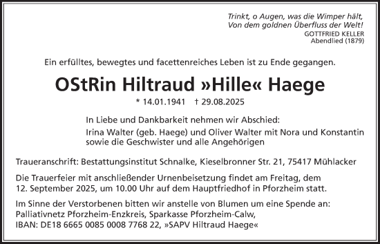 Traueranzeige von Hiltraud Haege von Giessener Anzeiger, Giessener Allgemeine, Alsfelder Allgemeine