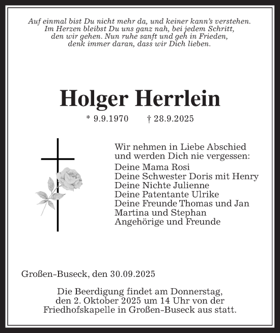 Traueranzeige von Holger Herrlein von Giessener Allgemeine, Alsfelder Allgemeine, Giessener Anzeiger