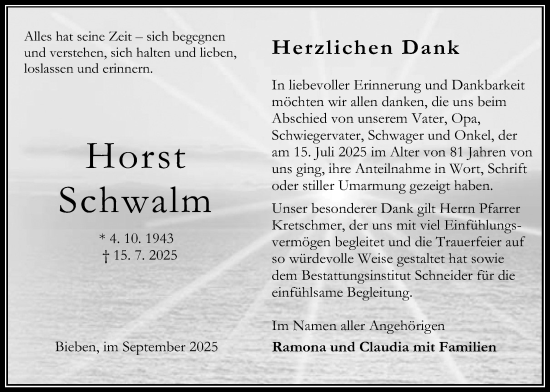 Traueranzeige von Horst Schwalm von Oberhessische Zeitung