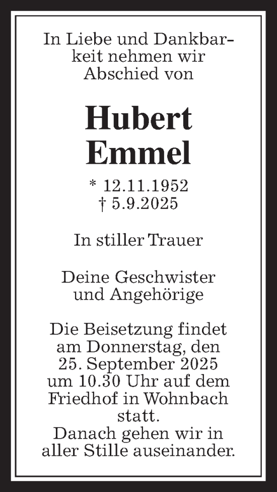 Traueranzeige von Hubert Emmel von Wetterauer Zeitung