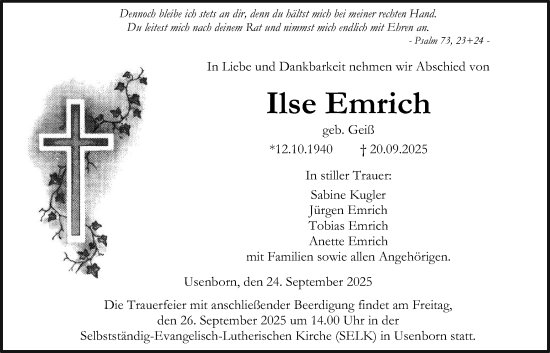 Traueranzeige von Ilse Emrich von Kreis-Anzeiger