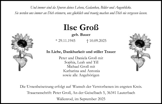Traueranzeige von Ilse Groß von Lauterbacher Anzeiger, 