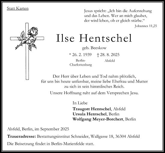 Traueranzeige von Ilse Hentschel von Oberhessische Zeitung