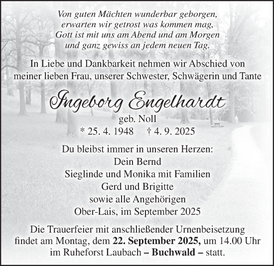 Traueranzeige von Ingeborg Engelhardt von Kreis-Anzeiger