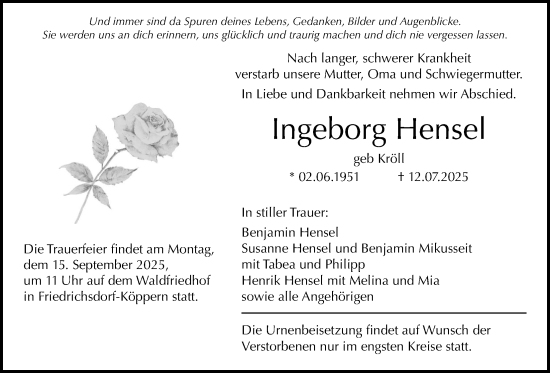 Traueranzeige von Ingeborg Hensel von Wetterauer Zeitung