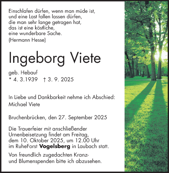 Traueranzeige von Ingeborg Viete von Wetterauer Zeitung