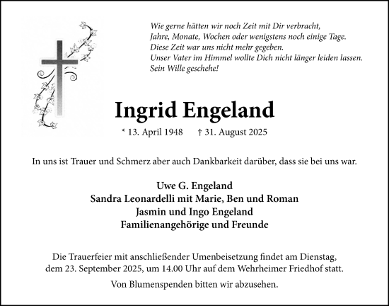Traueranzeige von Ingrid Engeland von Usinger Anzeiger, Usinger Anzeigenblatt