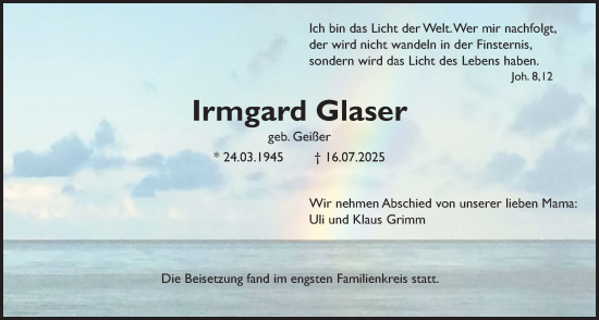 Traueranzeige von Irmgard Glaser von Wetterauer Zeitung