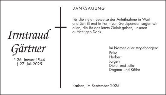 Traueranzeige von Irmtraud Gärtner von Bad Vilbel/Karben