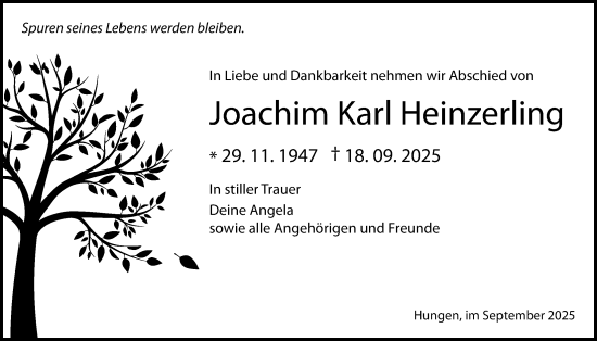 Traueranzeige von Joachim Karl Heinzerling von Giessener Allgemeine, Alsfelder Allgemeine