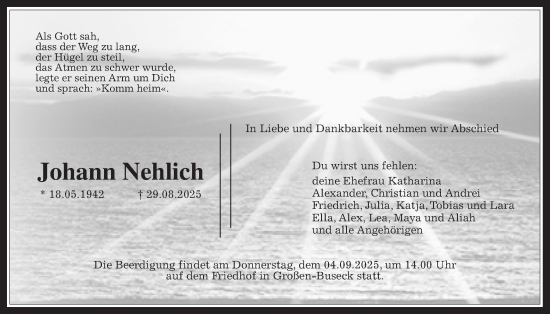 Traueranzeige von Johann Nehlich von Giessener Anzeiger, Giessener Allgemeine, Alsfelder Allgemeine