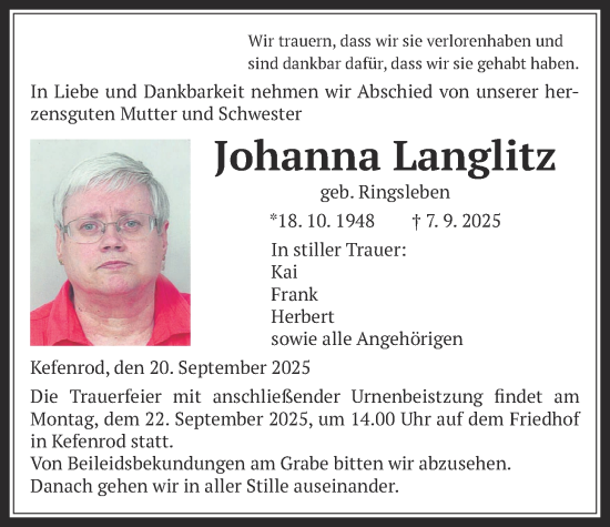Traueranzeige von Johanna Langlitz von Kreis-Anzeiger