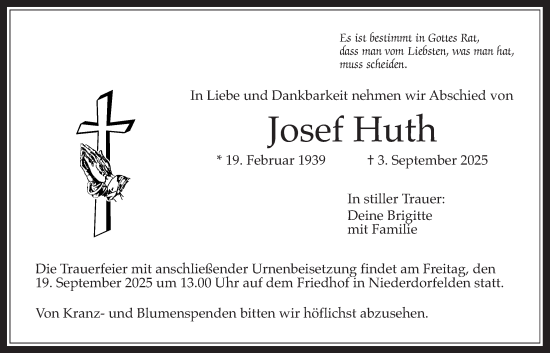Traueranzeige von Josef Huth von Bad Vilbel/Karben